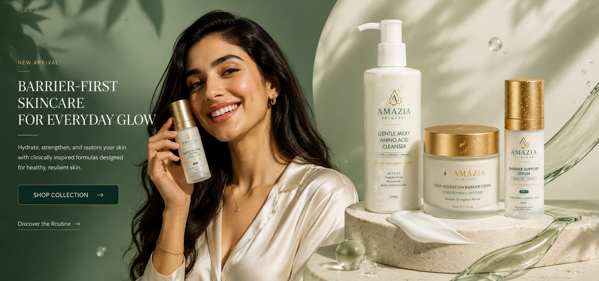AMAZIA Skincare Barrier Repair Essentials featuring cleanser, barrier support serum and moisturizer for repairing the skin barrier damaged by hard water in Pakistan.